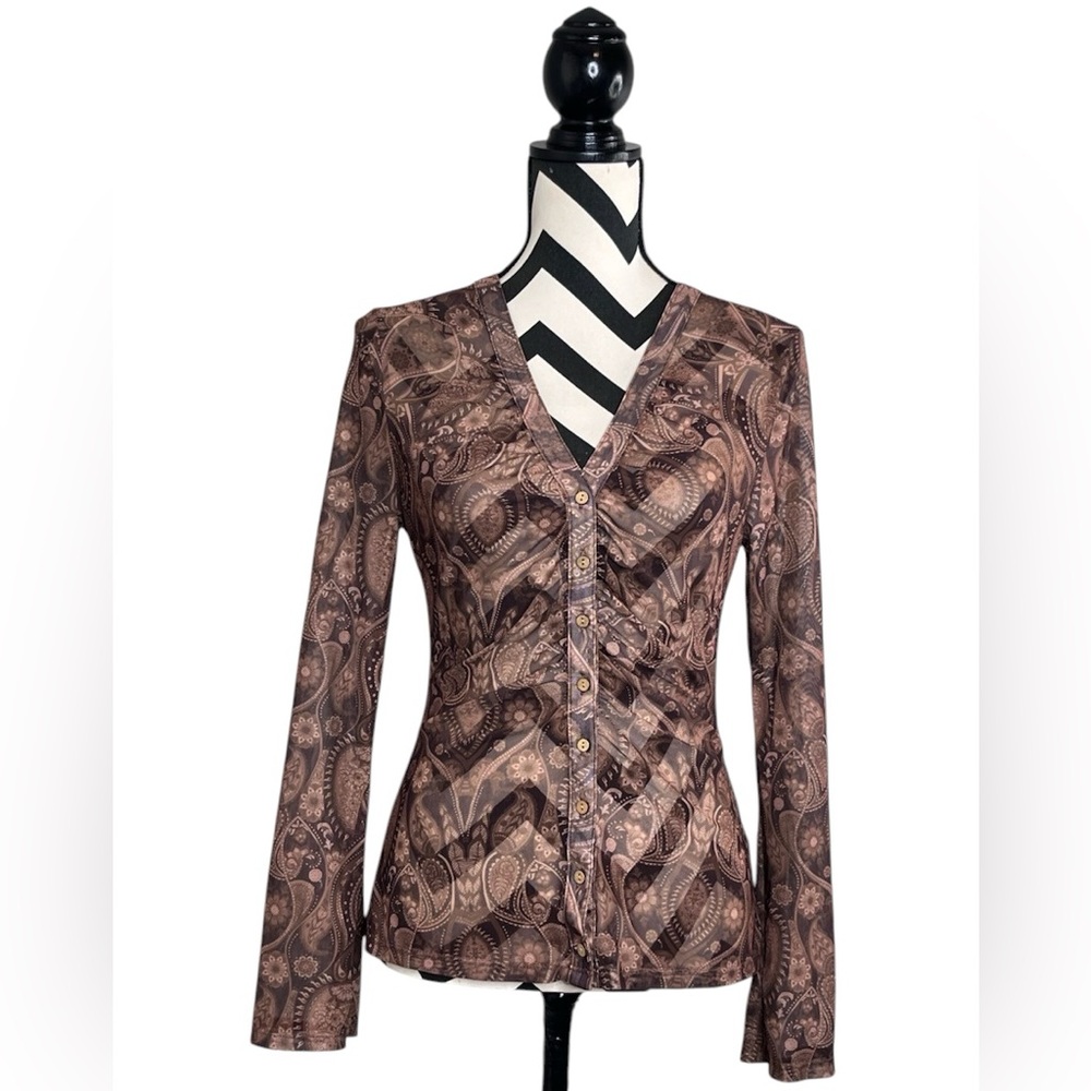 Whimsigoth Boho Sz M Sheer Paisley Button Front Bell-Sleeve Long-sleeve Blouse
